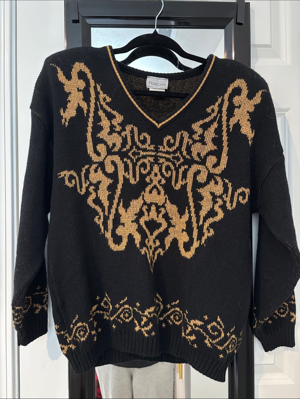Black Sweater with Gold Jacquard V-Neck
